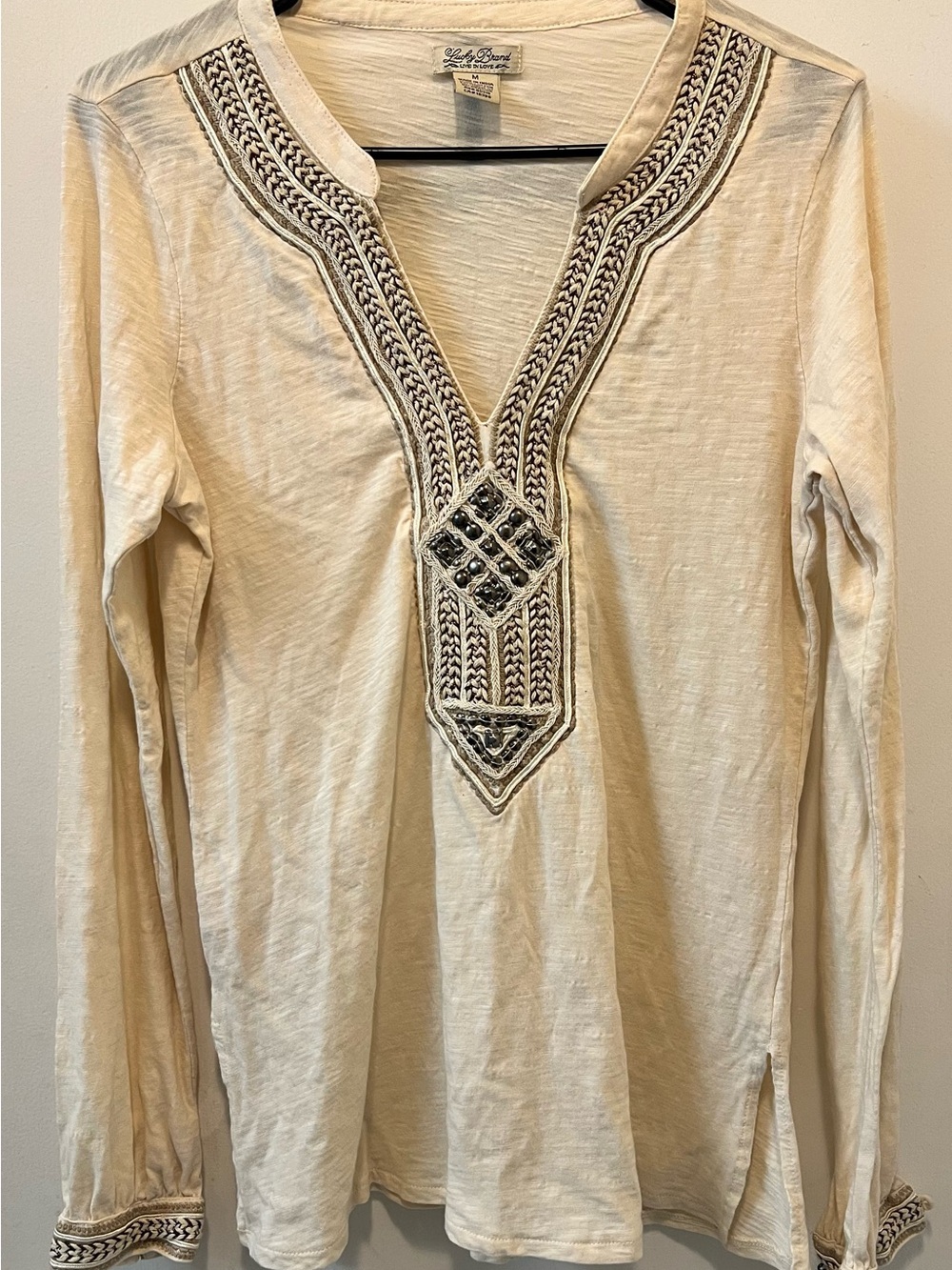 Lucky Brand Cream Long-Sleeve Embroidered V-Neck Tunic